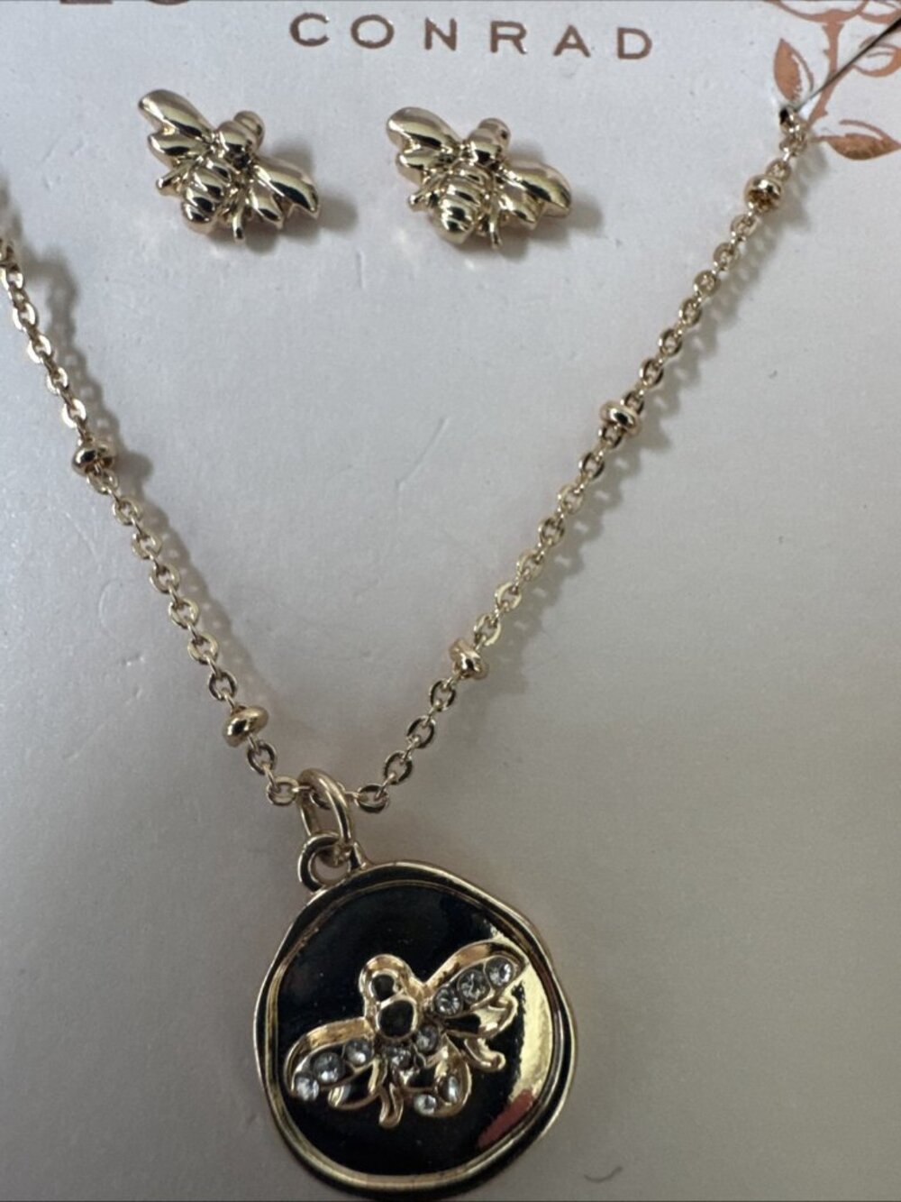 LC Lauren Conrad Gift Set Tiny BEES 16" Necklace & Stud Earrings CZ Goldtone NEW